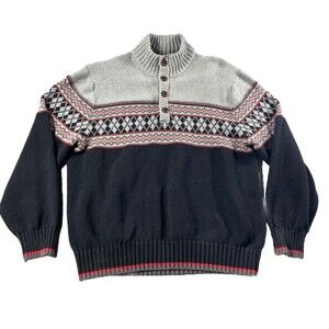 GH Bass & Co.  Men’s Gray, Black & Red TickKnit Sweater Sherpa Mock Neck Sz  XXL